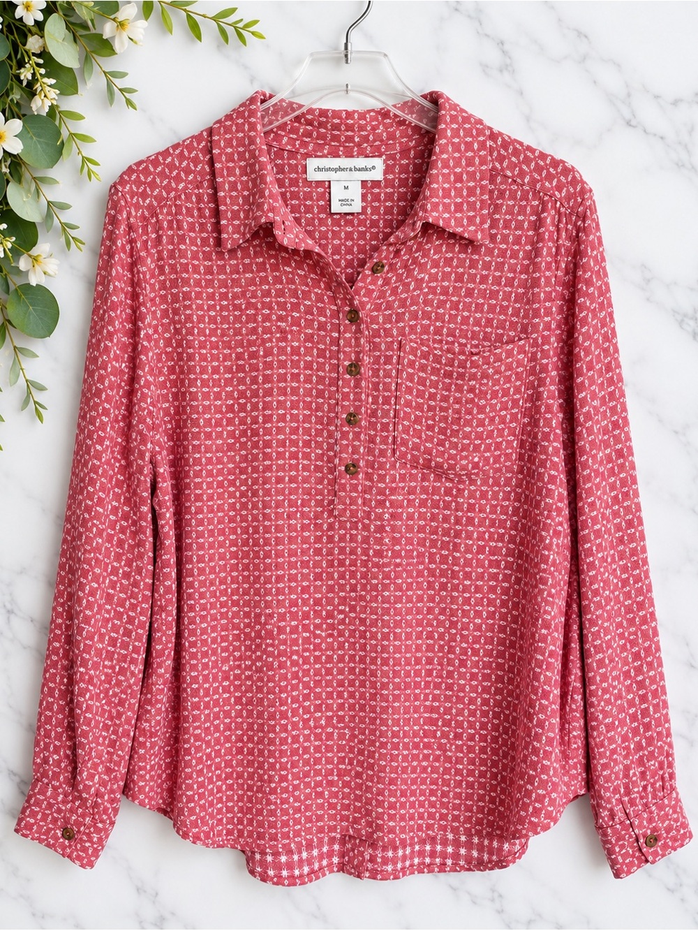 Christopher & Banks Pink Geometric Button Back Blouse Top Medium